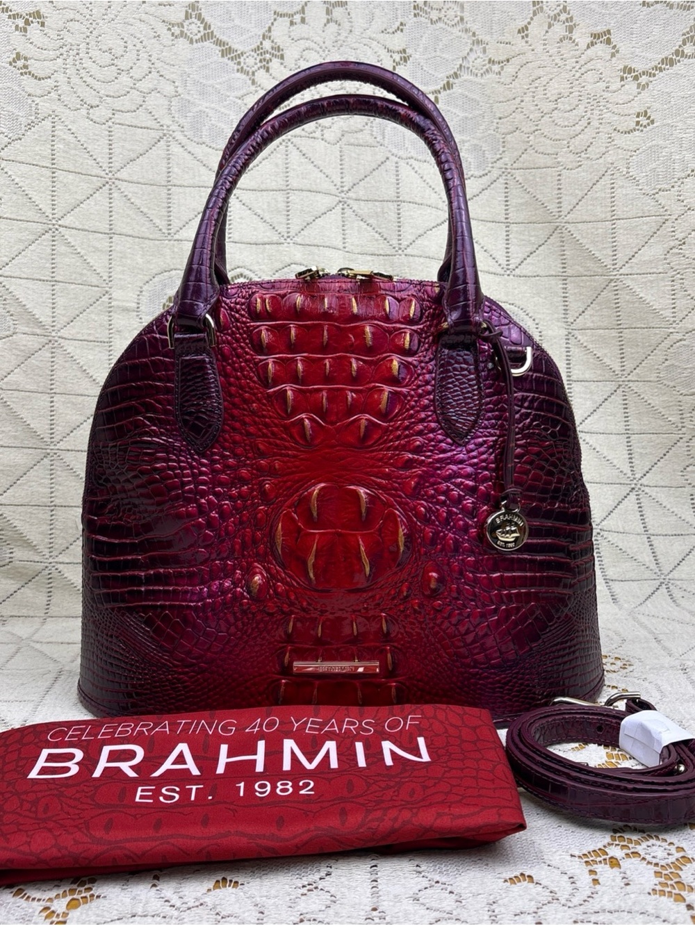 Brahmin Georgina Embossed Leather Dome Satchel Ruby Ombre Melbourne
